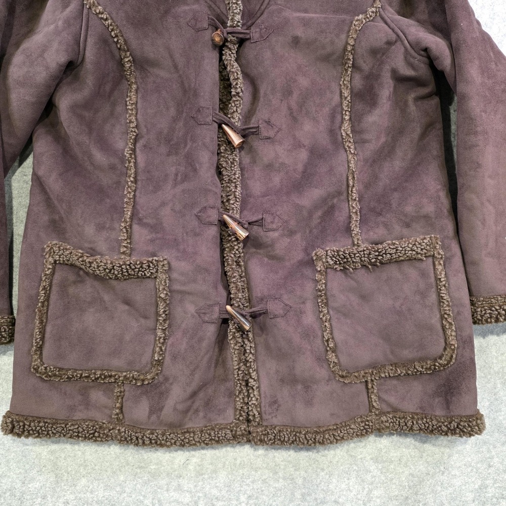 LL Bean Coat Womens XL Brown Faux Fur Lined Hooded Toggle Fleece‎ Parka Jacket - Picture 3 of 13